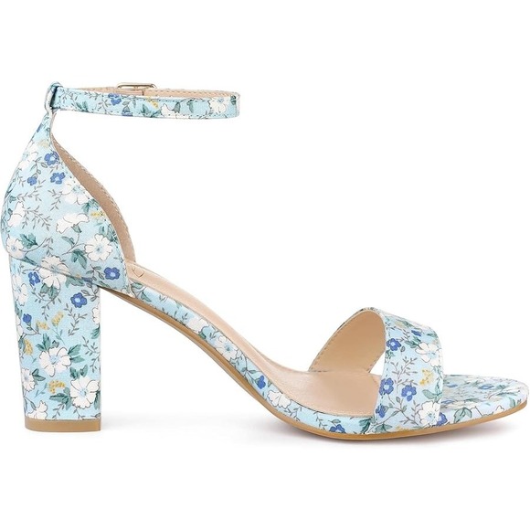 Perphy Women's Floral Chunky Heels Sandals Blue 7 – Open Toe Ankle Strap - Picture 1 of 6